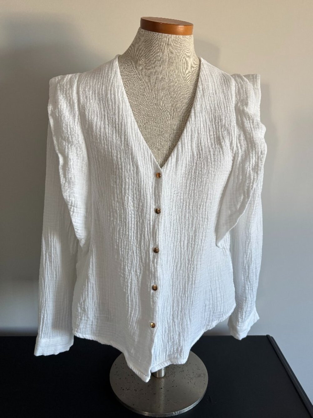 White Crinkle Cotton Button Down Top with Gold Tone Buttons